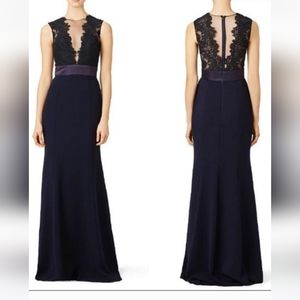THEIA navy gown, illusion neckline